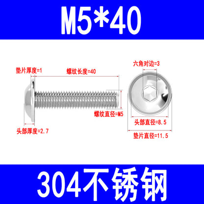 304 Stainless Steel Round Head Hex Socket Head Screws with Washers, Mushroom Head Pan Head Machine Screws M3 M4 M5 M6 M8