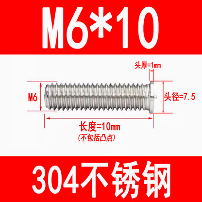 PT type 304 stainless steel welded screws, including welded studs, spot welded studs, and welded bolts (M3, M4, M5, M6, M8).