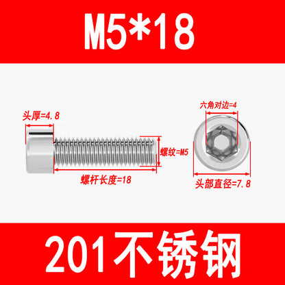 Factory 201 Stainless Steel Hexagon Socket Head Screw Cup Head Bolt Cylindrical Head Screw M3M4M5M6M8M10M12M16