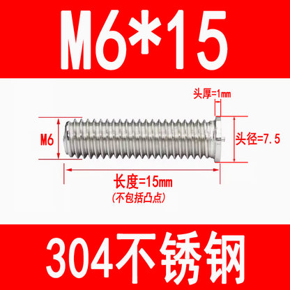 PT type 304 stainless steel welded screws, including welded studs, spot welded studs, and welded bolts (M3, M4, M5, M6, M8).