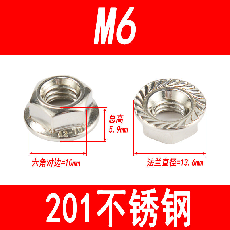 Manufacturer 201 Stainless Steel Flange Nut Hexagonal Padded Nut Anti-Slip Nut M3M4M5M6M8M10M12M14