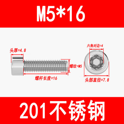 Factory 201 Stainless Steel Hexagon Socket Head Screw Cup Head Bolt Cylindrical Head Screw M3M4M5M6M8M10M12M16