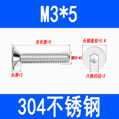 304 Stainless Steel Countersunk Hex Socket Head Screws, Flat Head Hex Socket Machine Screws, Flat Cup Bolts M3 M4 M5 M6 M8 M10