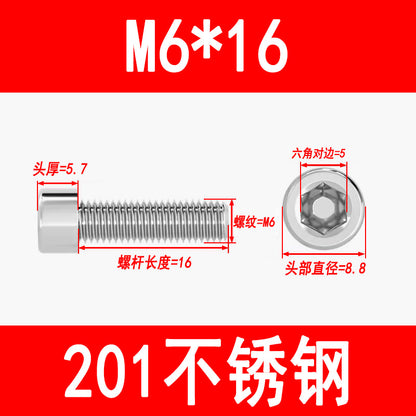 Factory 201 Stainless Steel Hexagon Socket Head Screw Cup Head Bolt Cylindrical Head Screw M3M4M5M6M8M10M12M16