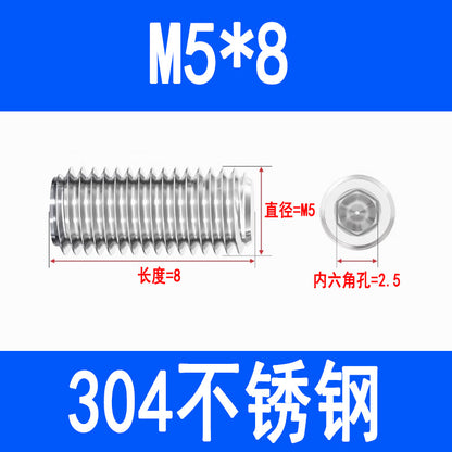 304 Stainless Steel Socket Head Set Screws, Recessed End, Set Screws, M3, M4, M5, M6, M8, M10, M12