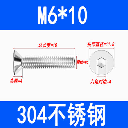 304 Stainless Steel Countersunk Hex Socket Head Screws, Flat Head Hex Socket Machine Screws, Flat Cup Bolts M3 M4 M5 M6 M8 M10