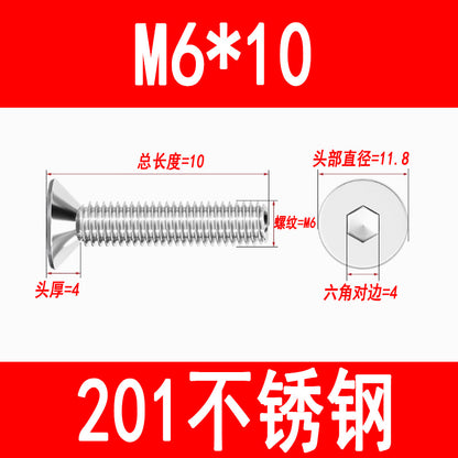 Manufacturer 201 Stainless Steel Countersunk Head Hexagonal Screws Flat Head Screws Machine Screws Flat Cup Bolts M5M6M8M10