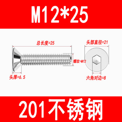 201 Stainless Steel Countersunk Head Hexagonal Screws Flat Head Screws Machine Thread Flat Cup Bolts M3M4M5M6M8M10M12