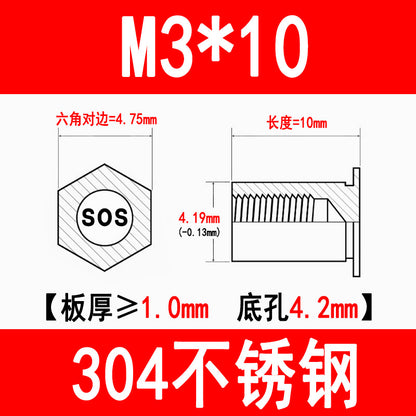 304 Stainless Steel Through-Hole Press-Fit Nut Post, Hexagonal Press-Fit Stud, Sheet Metal Press Plate Post, SOS-M3M4M5M6