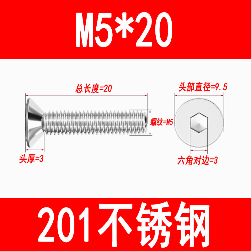201 Stainless Steel Countersunk Head Hexagonal Screws Flat Head Screws Machine Thread Flat Cup Bolts M3M4M5M6M8M10M12