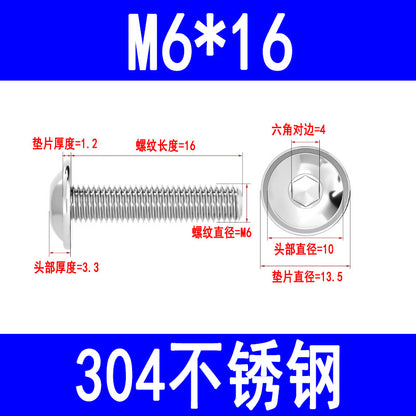 304 Stainless Steel Round Head Hex Socket Head Screws with Washers, Mushroom Head Pan Head Machine Screws M3 M4 M5 M6 M8