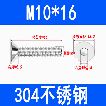 304 Stainless Steel Countersunk Hex Socket Head Screws, Flat Head Hex Socket Machine Screws, Flat Cup Bolts M3 M4 M5 M6 M8 M10