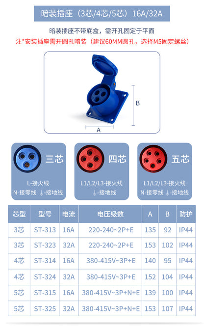 Waterproof industrial plugs and sockets, 3-pin, 4-pin, 5-pin, 16A/32A male and female connectors, waterproof and dustproof aviation plugs and sockets.