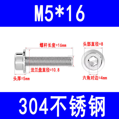 304 Stainless Steel Socket Head Flange Screws, Cylindrical Head Screws with Washers, Toothed Anti-slip Bolts M5 M6 M8 M10