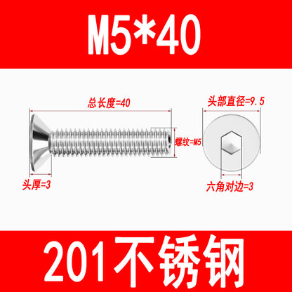 201 Stainless Steel Countersunk Head Hexagonal Screws Flat Head Screws Machine Thread Flat Cup Bolts M3M4M5M6M8M10M12