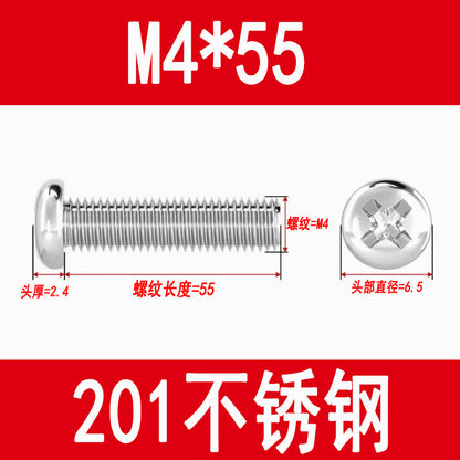 201 Stainless Steel Cross Round Head Screws Pan Head Cross Screws Machine Thread Cross Slot Screws M3M4M5M6M8