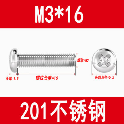 201 Stainless Steel Cross Round Head Screws Pan Head Cross Screws Machine Thread Cross Slot Screws M3M4M5M6M8