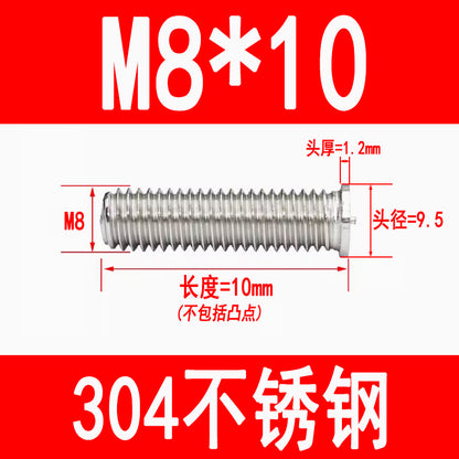 PT type 304 stainless steel welded screws, including welded studs, spot welded studs, and welded bolts (M3, M4, M5, M6, M8).