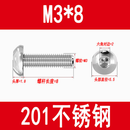 201 Stainless Steel Half-Round Head Hexagon Socket Screws Pan Head Mushroom Head Screws Round Cup Bolts M3M4M5M6M8M10