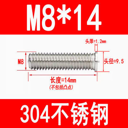 PT type 304 stainless steel welded screws, including welded studs, spot welded studs, and welded bolts (M3, M4, M5, M6, M8).