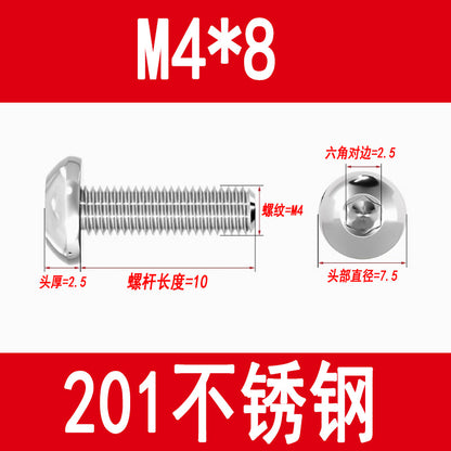 201 Stainless Steel Half-Round Head Hexagon Socket Screws Pan Head Mushroom Head Screws Round Cup Bolts M3M4M5M6M8M10