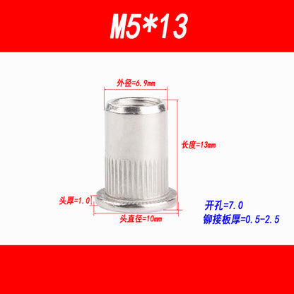 304 Stainless Steel Flat Head Rivet Nut with Vertical Thread, Column Thread, Rivet Nut, Rivet Thread ... M3, M4, M5, M6, M8, M10