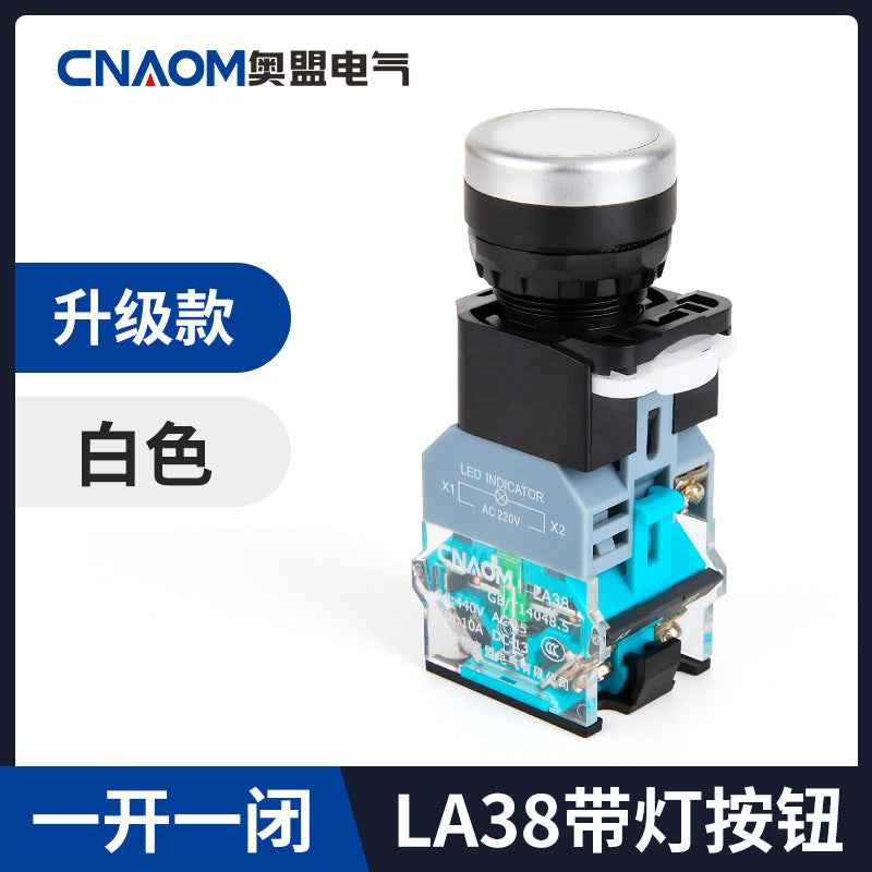 Flat-head illuminated push-button switch LA38-11D, illuminated control button LA38-11DN, self-resetting 22mm