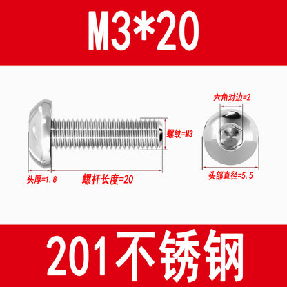 201 Stainless Steel Half-Round Head Hexagon Socket Screws Pan Head Mushroom Head Screws Round Cup Bolts M3M4M5M6M8M10