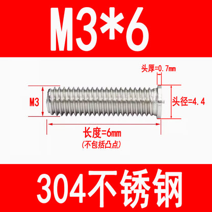 PT type 304 stainless steel welded screws, including welded studs, spot welded studs, and welded bolts (M3, M4, M5, M6, M8).
