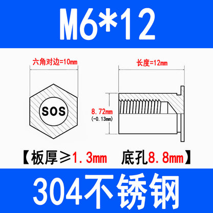 304 Stainless Steel Through-Hole Press-Fit Nut Post, Hexagonal Press-Fit Stud, Sheet Metal Press Plate Post, SOS-M3M4M5M6