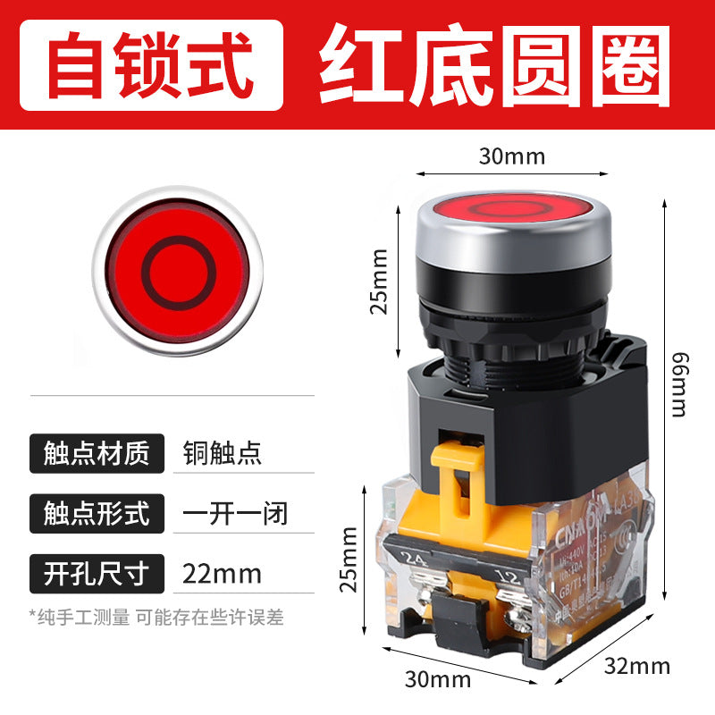 LA38-11BN Round Flat-Head Push Button Switch, Self-Resetting, Jog, Self-Locking, Start/Stop, with Symbols and Markings 22