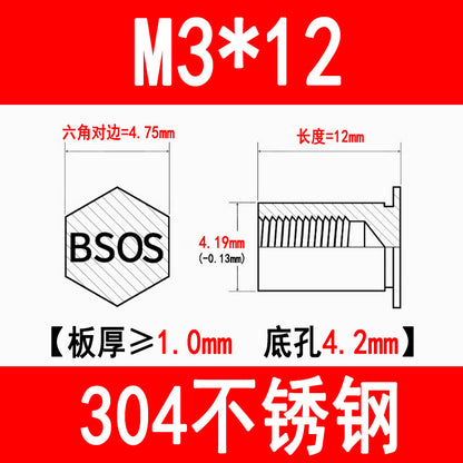 304 Stainless Steel Blind Hole Press-fit Nut Post Hexagonal Press-fit Stud Press Plate Press-fit Post BSOS-M3M4M5M6