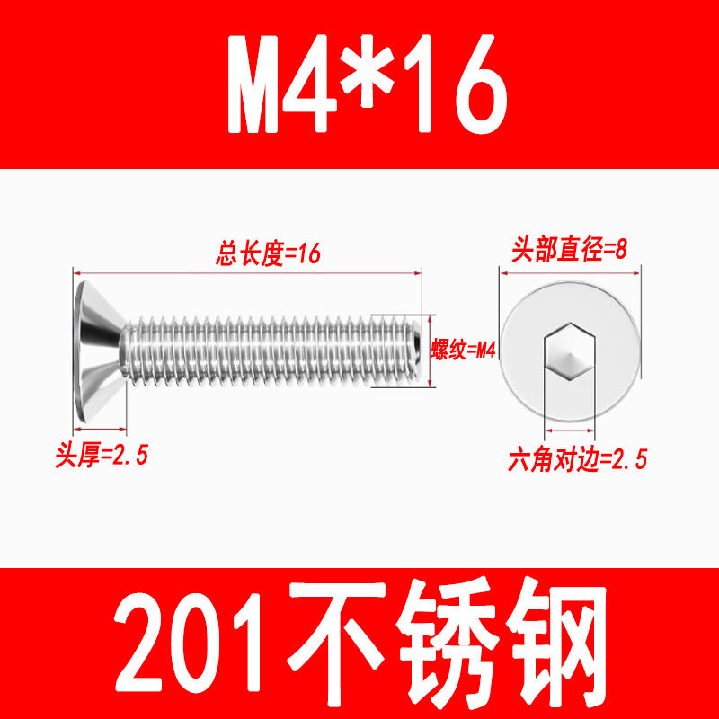 201 Stainless Steel Countersunk Head Hexagonal Screws Flat Head Screws Machine Thread Flat Cup Bolts M3M4M5M6M8M10M12