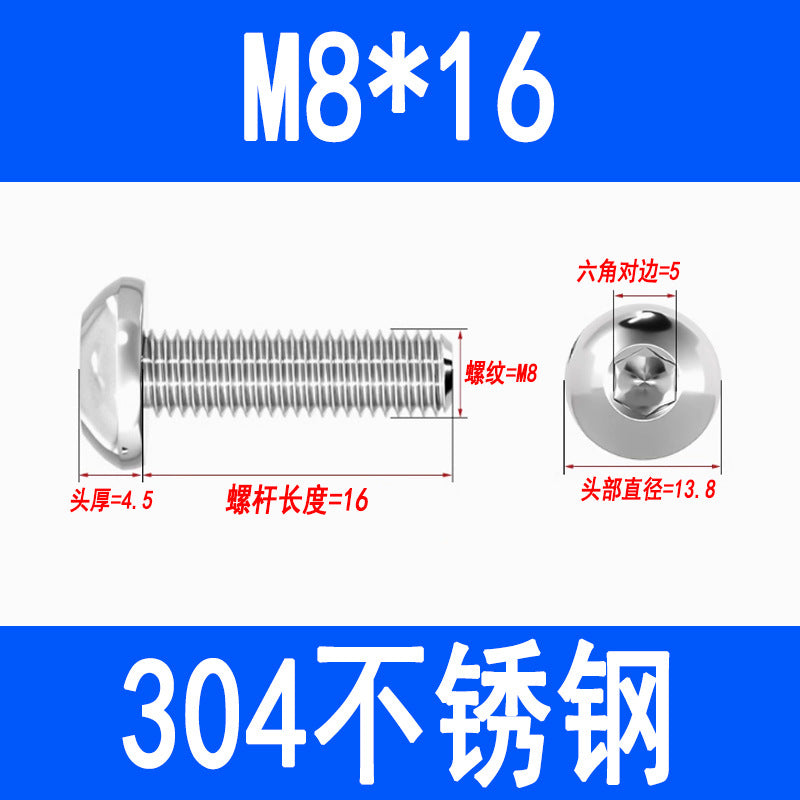 304 Stainless Steel Semi-round Head Hex Socket Head Screws Pan Head Screws Flat Round Head Mushroom Head Bolts M3 M4 M5 M6 M8